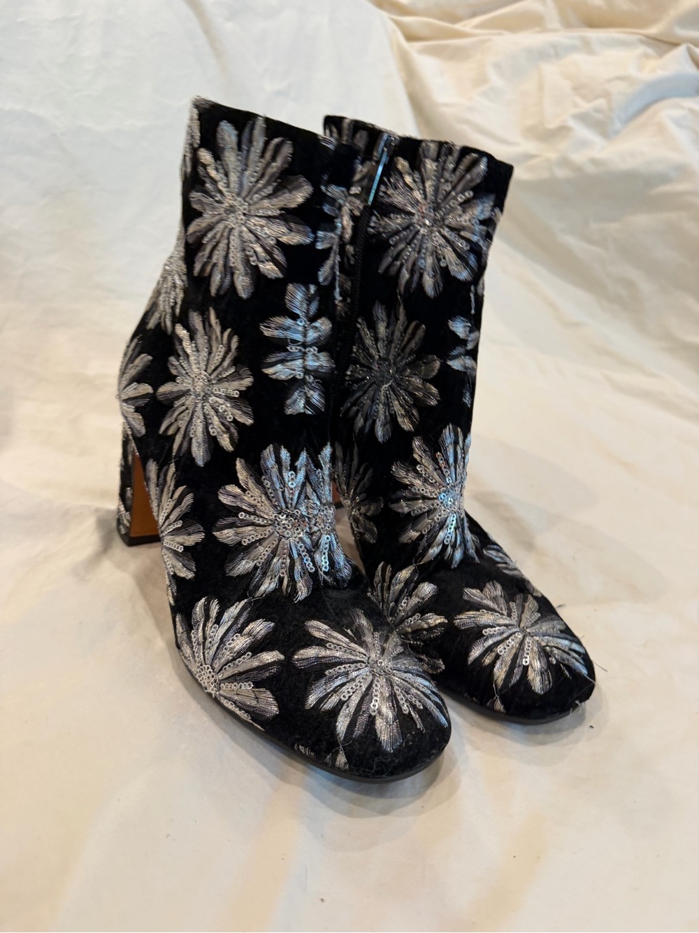 Marc Fisher Black Ankle Boots with Silver Floral Sequin Embroidery